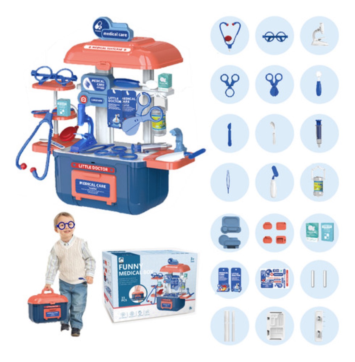 Juguetes De Doctor Medicina Rol Para Niños Con Caja 33 Pcs BLANCO AZUL 