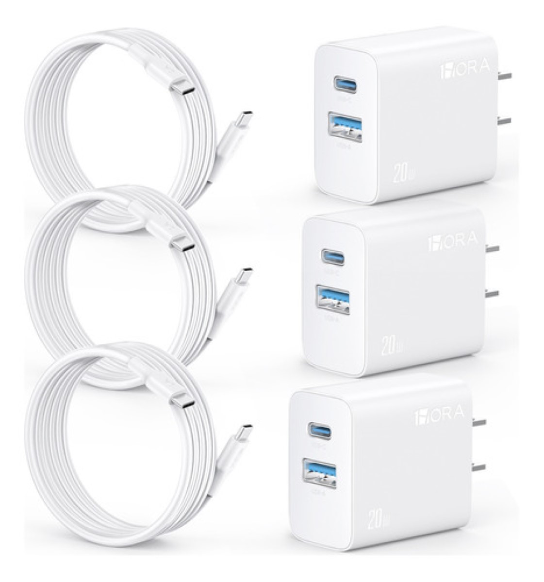 3 Piezas Cargador Tipo C Pd 20w + Usb A 18w 1hora Carga Rápida Con 3 Usb C Cable Compatible Con Ip 16 15 14 13 Pro Max, Galaxy S21/s22/s23 BLANCO