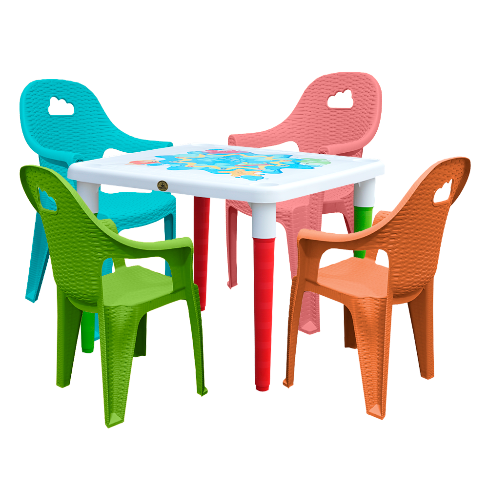 Kit Mesa Patas Desmontables con 4 Sillas tipo Rattan Colores Infantil