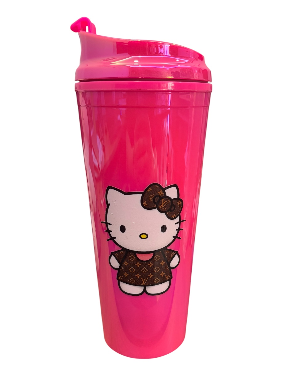 Termo de Acrílico con gliter color fucsia Hello Kitty, mide 23 cm de alto por 10 cm de ancho de 710 Ml