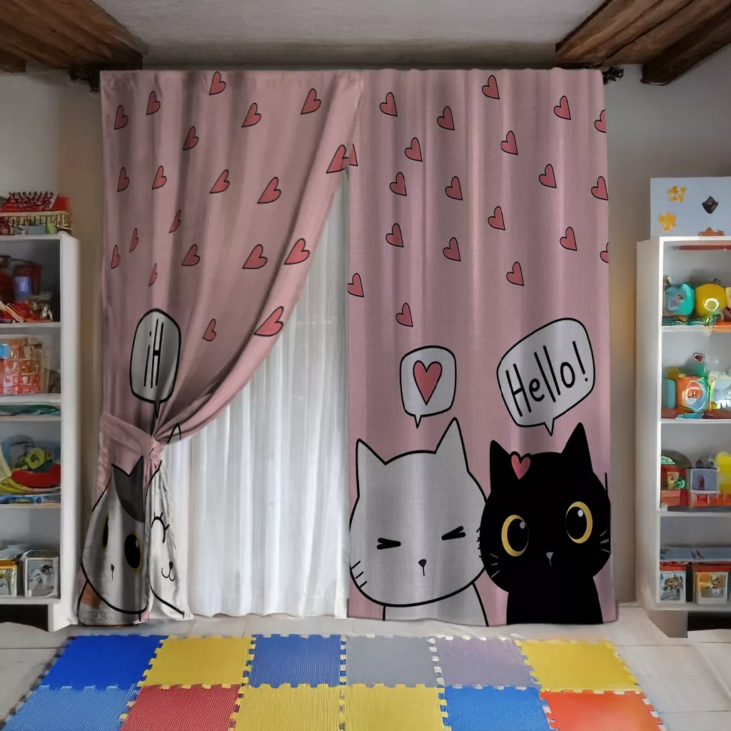 Cortinas Sala Recamara Elegantes Decorativas 2m X 2.7m + cortinas traslúcidas (Infantil / Gatitos)