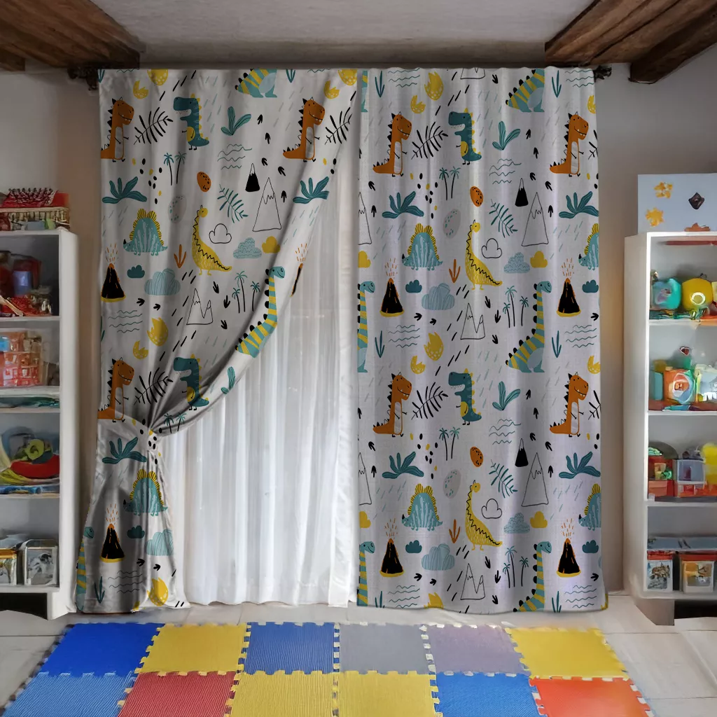 Cortinas Sala Recamara Elegantes Decorativas 2m X 2.7m + cortinas traslúcidas (Infantil / Dinosaurios)