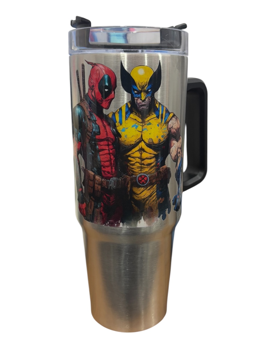 Termo de acero inoxidable Fartmex color plata, Deadpool & Wolwerine 30 oz