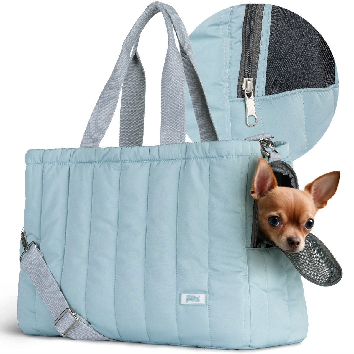 Bolsa transportadora para Perro o Mascota Pequeña, Mochila de Viaje 42x18x29cms- Azul Grisáceo ESQUIMAL