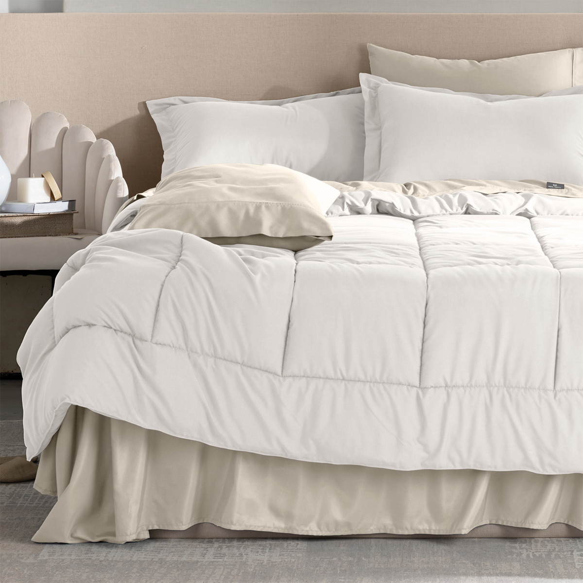 Set Edredón Queen Size con Fundas y Sábanas Pzas Blanco Beige