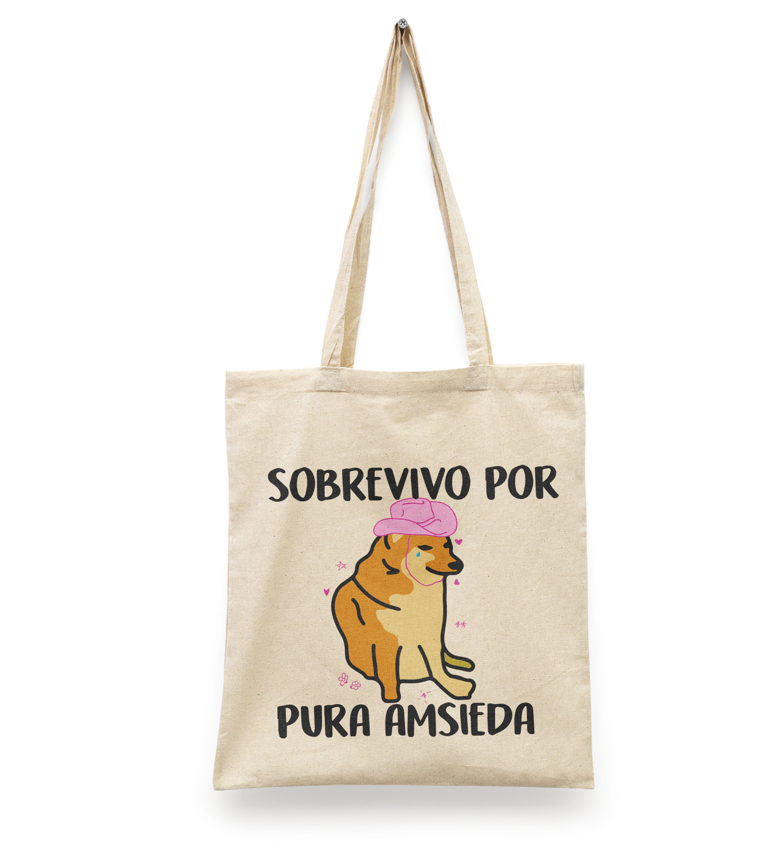 Tote Bag Sobrevivo por pura amsiedad | Meme Cheems Imagen Divertida | Bolsa Manta Beige Diseño Dtf | Ligera, Reusable