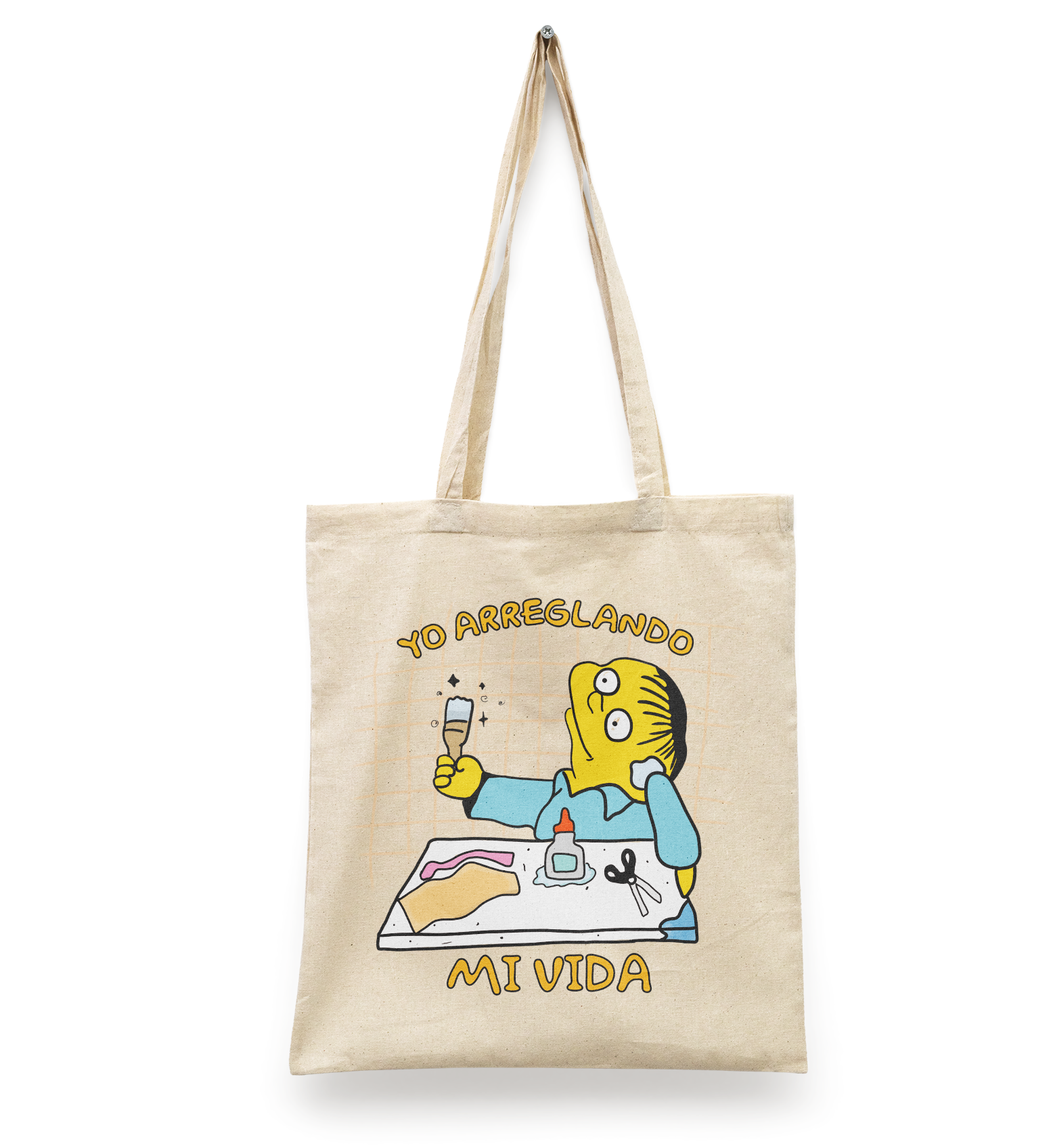 Tote Bag Rafa Yo arreglando mi vida| Meme Simpsons Imagen Divertida | Bolsa Manta Beige Diseño Dtf | Ligera, Reusable