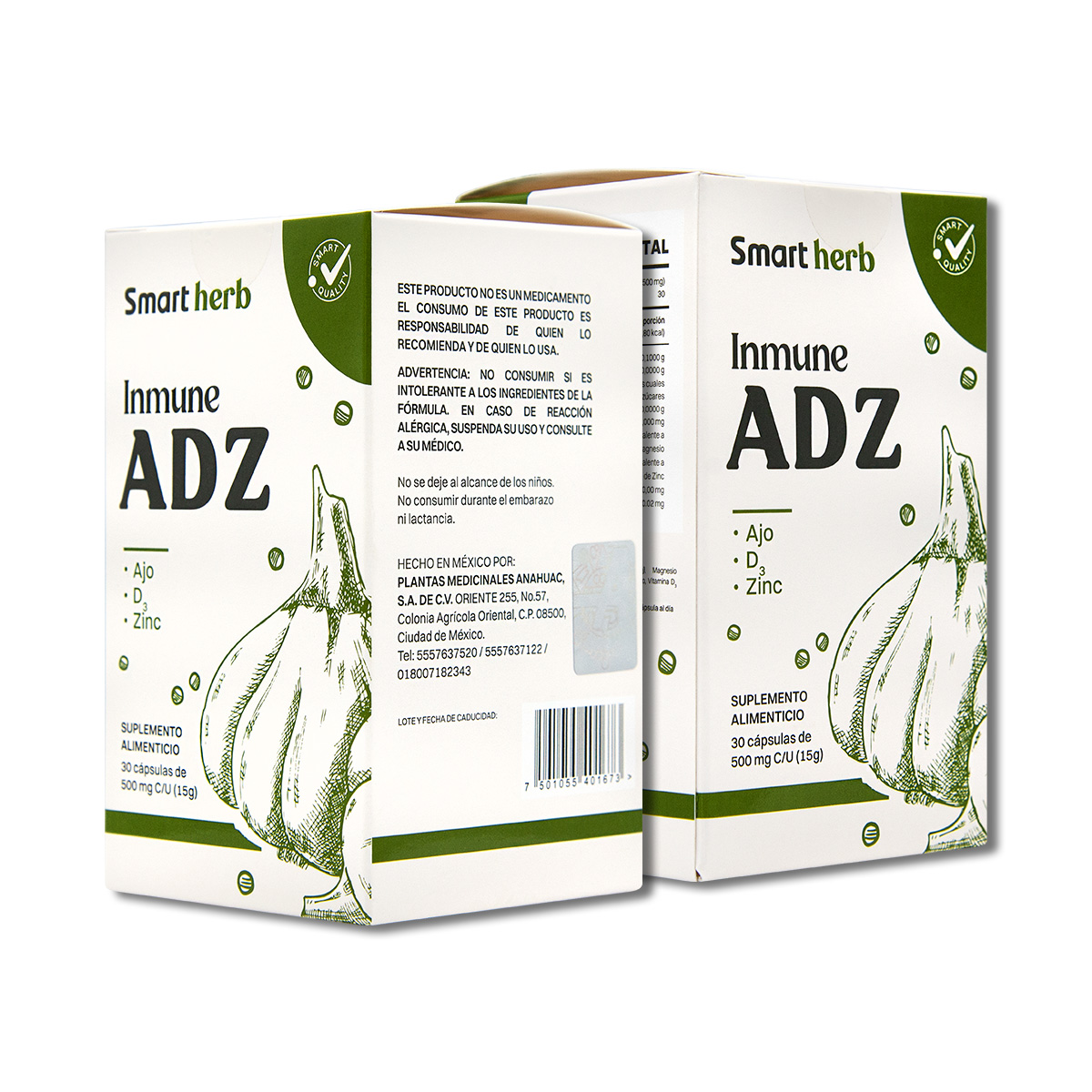 Smart Herb Paquete Inmune ADZ, Suplemento Alimenticio, 2 Piezas (30 Cápsulas c/u) con Ajo, Vitamina D3 y Zinc para Fortalecer el Sistema Inmunológico