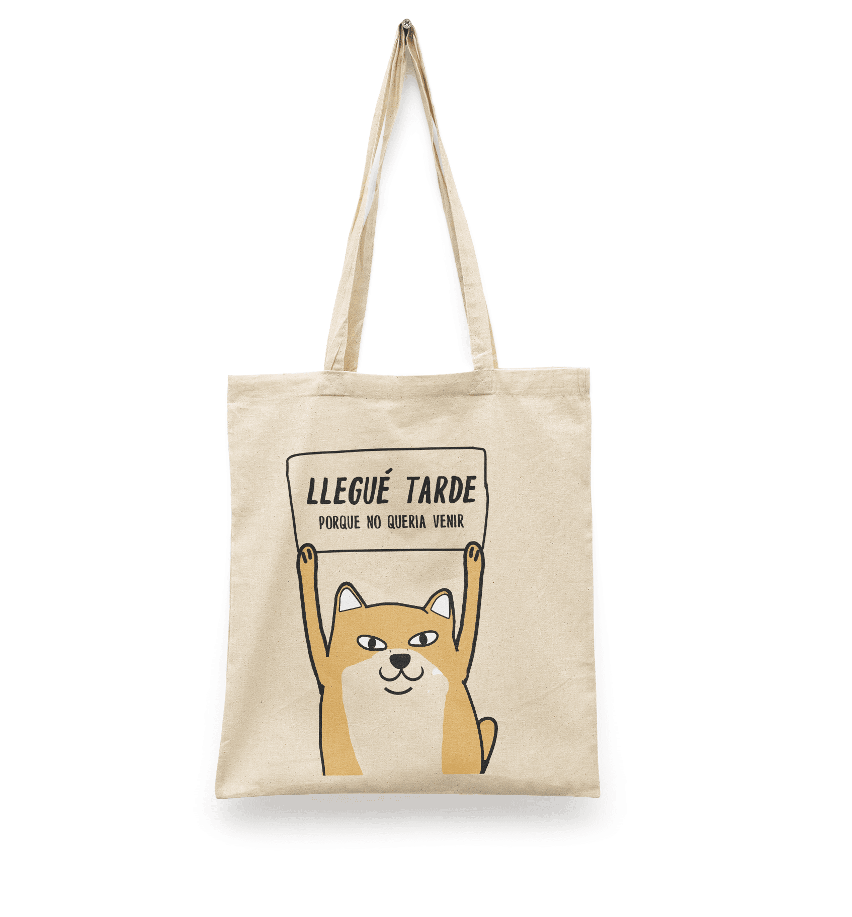 Tote Bag Perrito llegué tarde | Bolsa Manta Beige Meme Perrito | Diseño Dtf | Ligera, Reusable