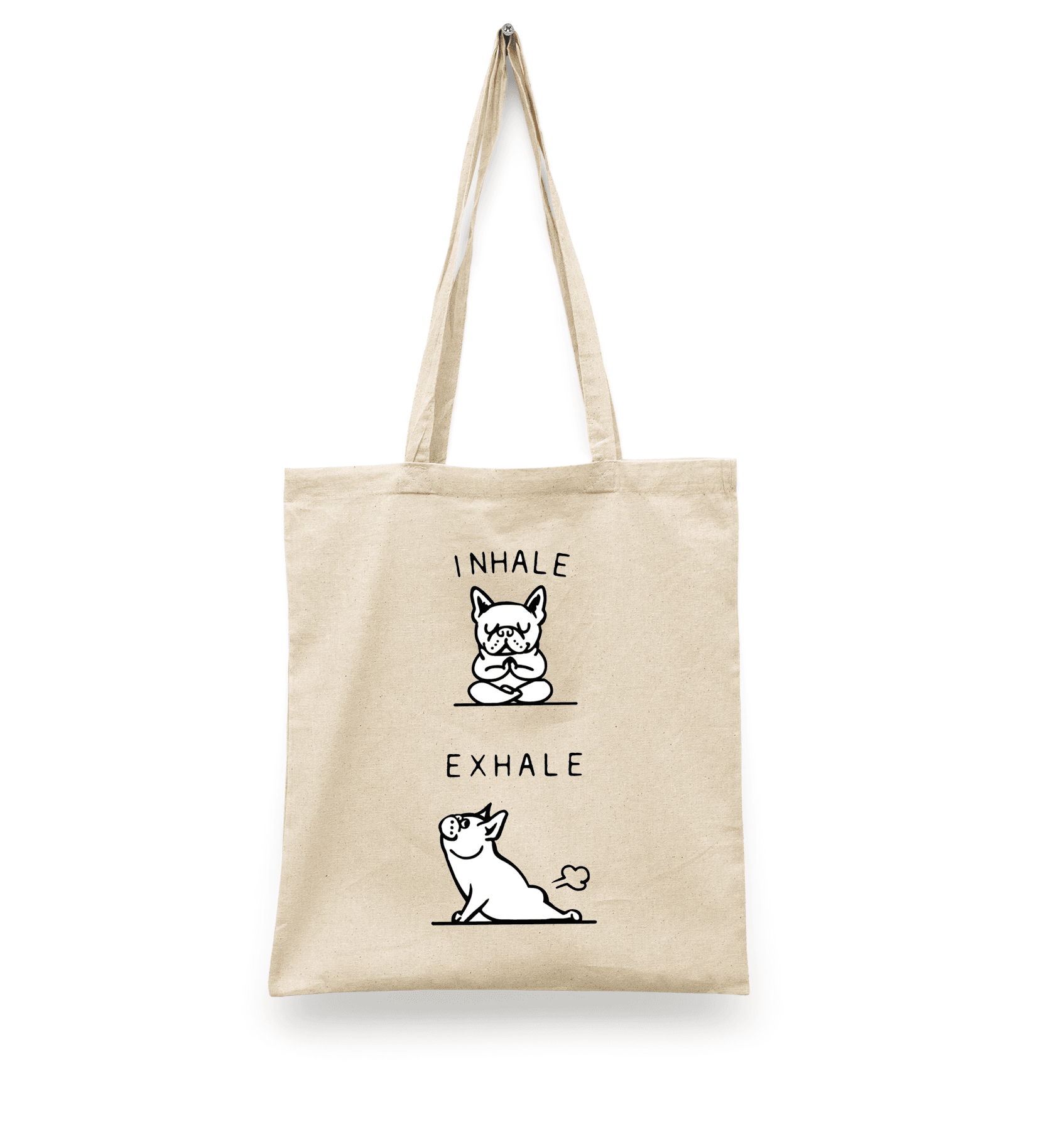 Tote Bag Perro Yoga Inhale Exhale | Bolsa Manta Beige Meme Perrito | Diseño Dtf | Ligera, Reusable