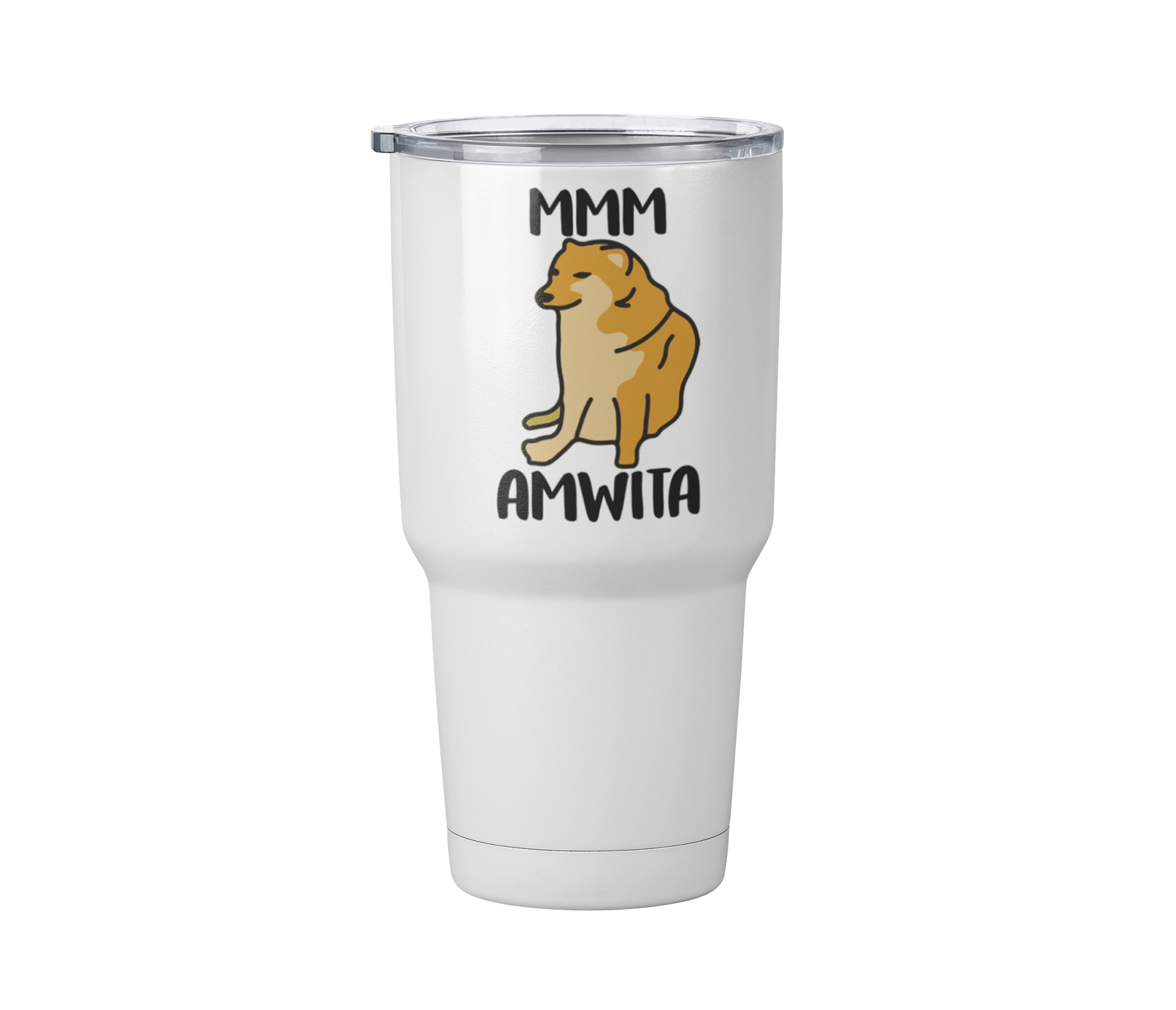 Termo Mmm Amwita | Cheems | Blanco Acero | frase meme divertido | Viajero Metálico 30 oz