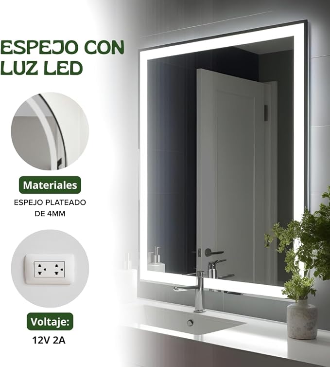 Espejo LED Para Baño Con Luz - Varios Tamaños 40x60cm A 70x90cm, Diseño Irregular, Ideal Para Maquillaje